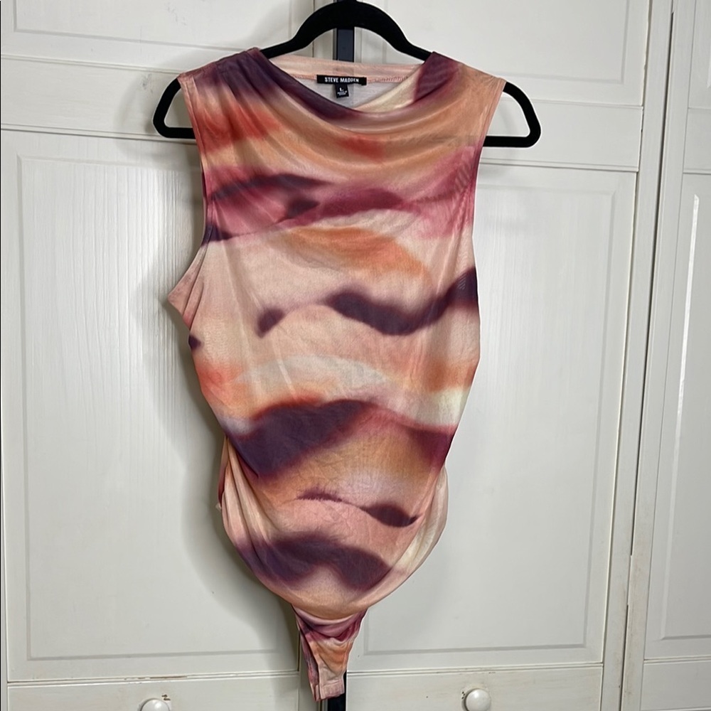 Steve Madden Womens Gradient Print Mesh Cowl Neck Sleeveless Bodysuit Sz L Pink